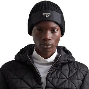 Prada Milano Ribbed Knit Beanie | Black | Triangle Logo